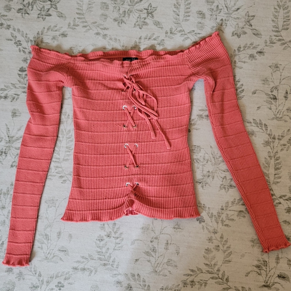 Rue 21 Coral/Pink/Red Knit Trim Off Shoulder Cropped Tie Blouse Women's Large